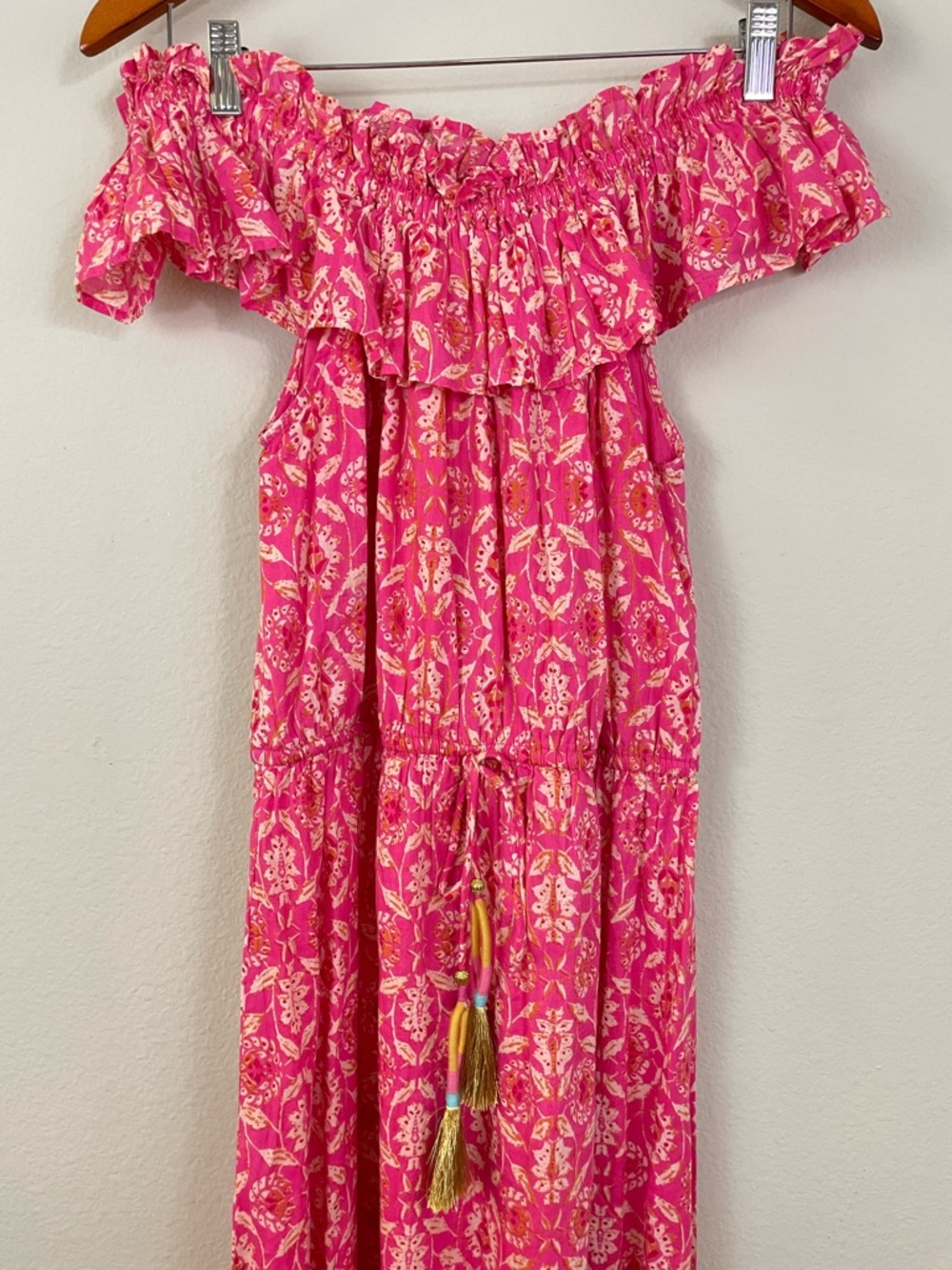 THML Pink Floral Off-Shoulder Maxi Dress with Tassel Waist Size M Boho Beach - Picture 4 of 12